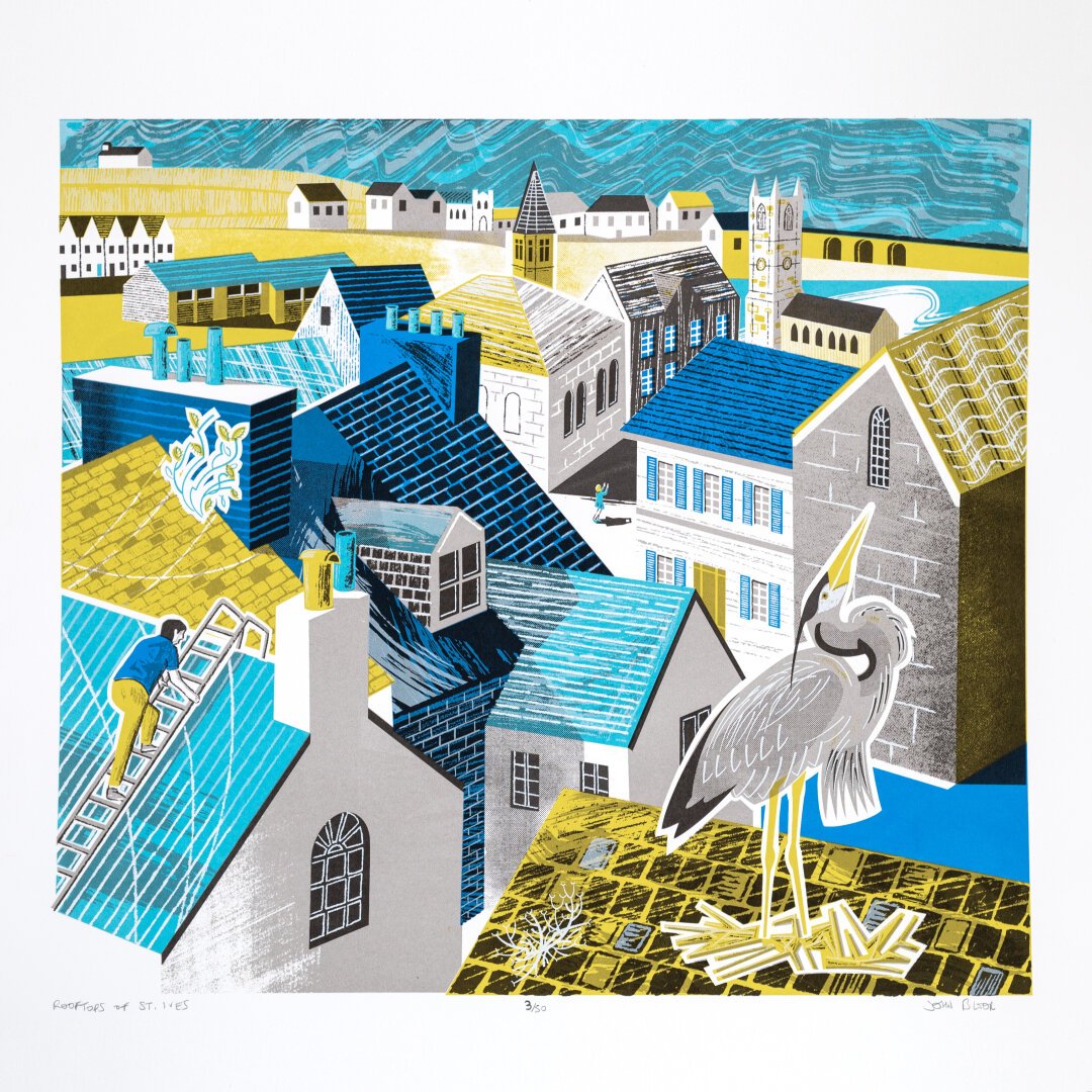 A seven colour screenprint of the rooftops of St Ives, Cornwall.