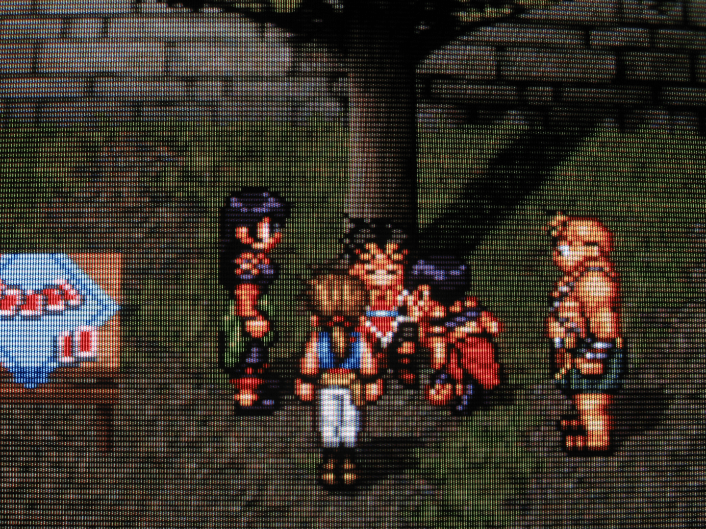 Escaped from the mercenaries and on the lam, Jowy and Riou meet their first of many comrades to come. Rina, Eilie and Bolgan, a family of traveling msytical performers rope Riou into being the star of a knife-throwing demonstration-- only for his youthful impatience to comically derail the show and lead to his own injury.