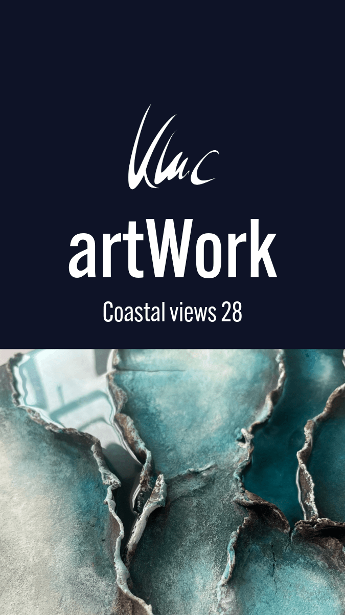 Abstraktes Gemälde mit strukturierter Oberfläche, inspiriert von schottischen Küsten – raue Klippen, weites Meer und die Balance zwischen Wildheit und Schönheit.