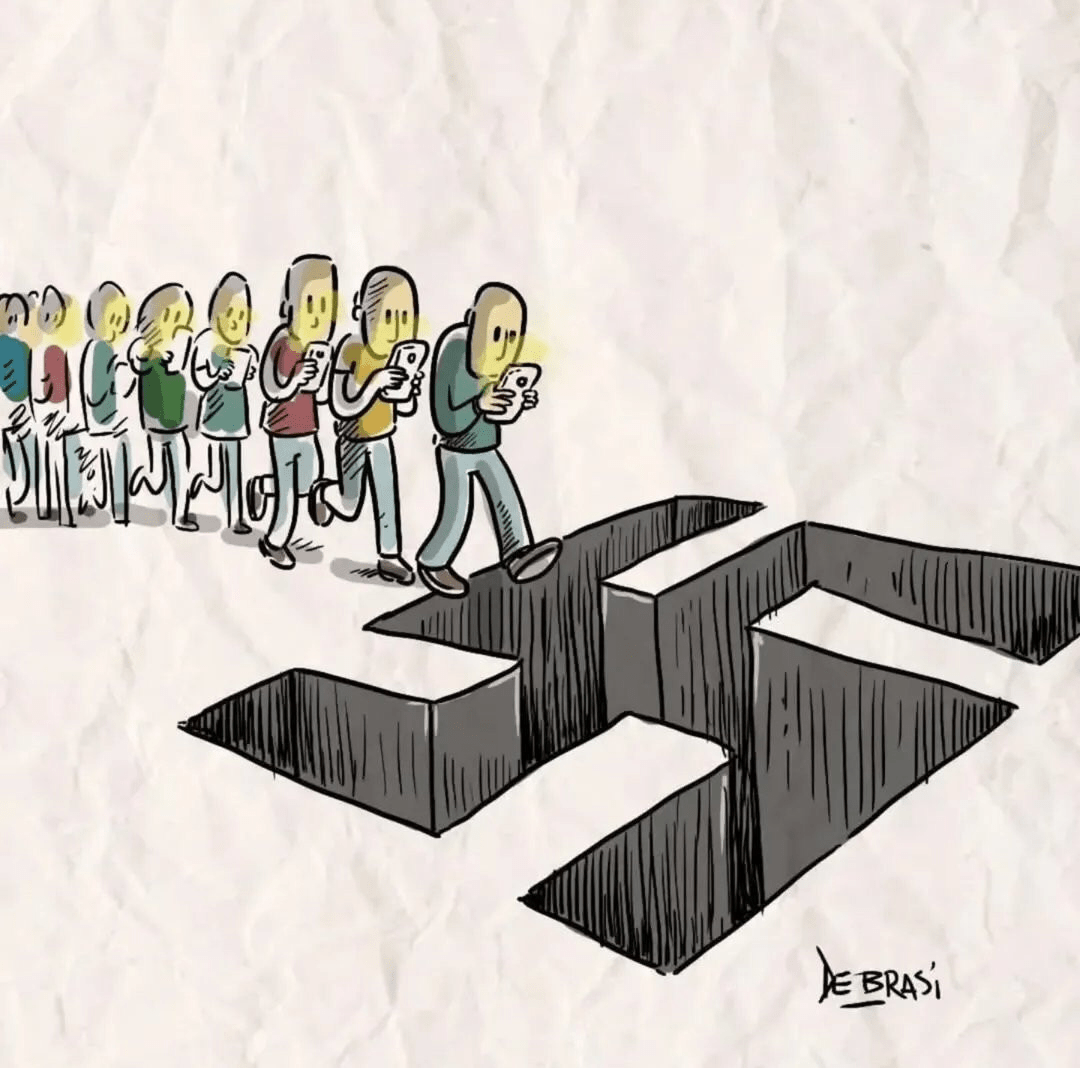 En file indienne, des personnages sont plongés, la tête penchée, dans leurs smartphones... Concentrés sur ce qu'ils y lisent ou y font, ils s'apprêtent à tomber, sans le voir, dans un grand trou en forme de croix gammée...