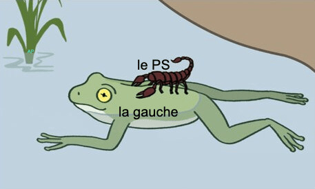 Dessin du scorpion (« le PS ») traversant sur le dos de la grenouille (« la gauche »).
