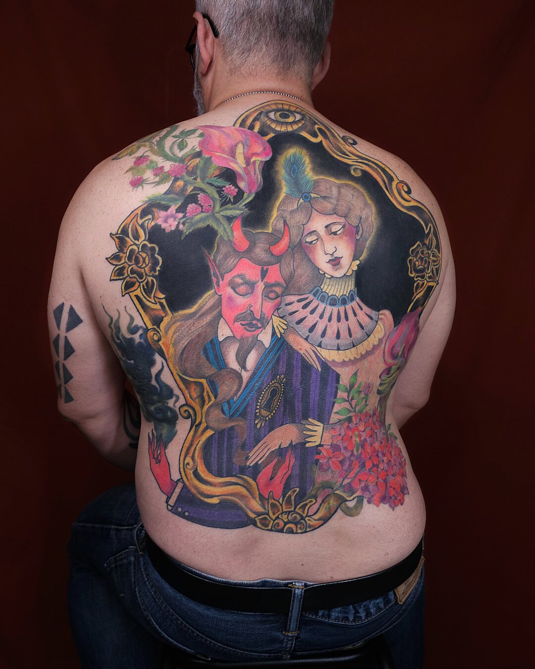 Backpiece tattoo full color with botanical