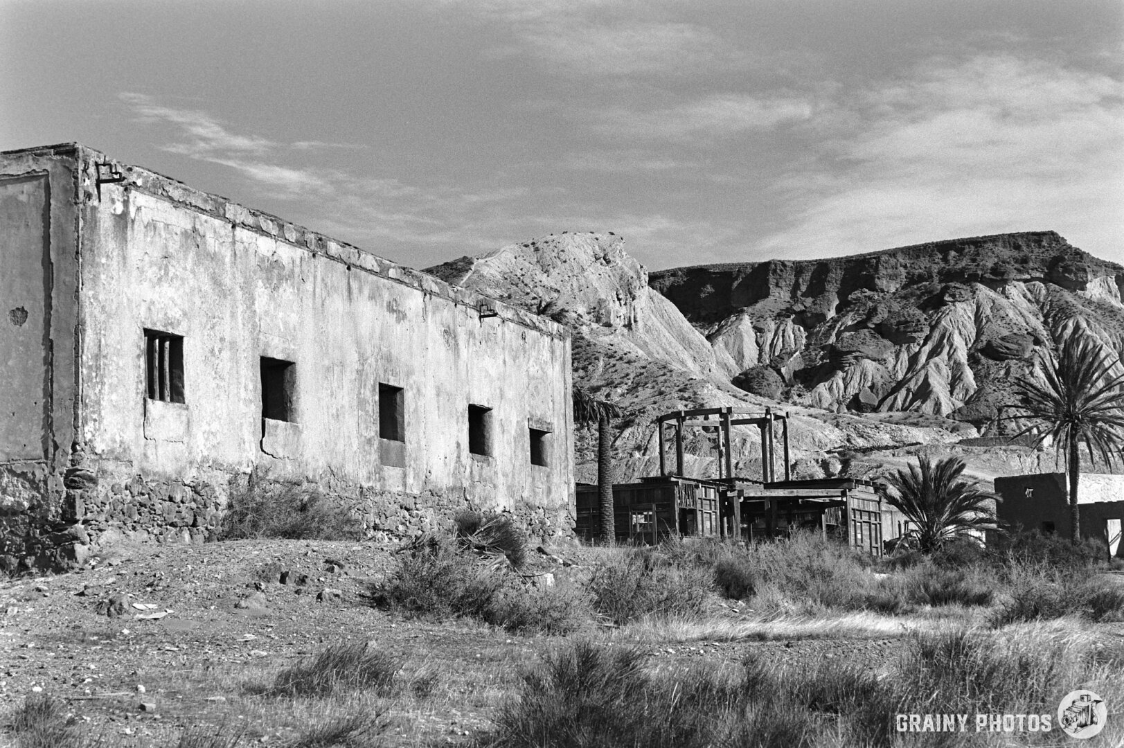 Black-and-white film photo of buildings on the film in Sierra Alhamilla set in for an Antonio Banderas film.