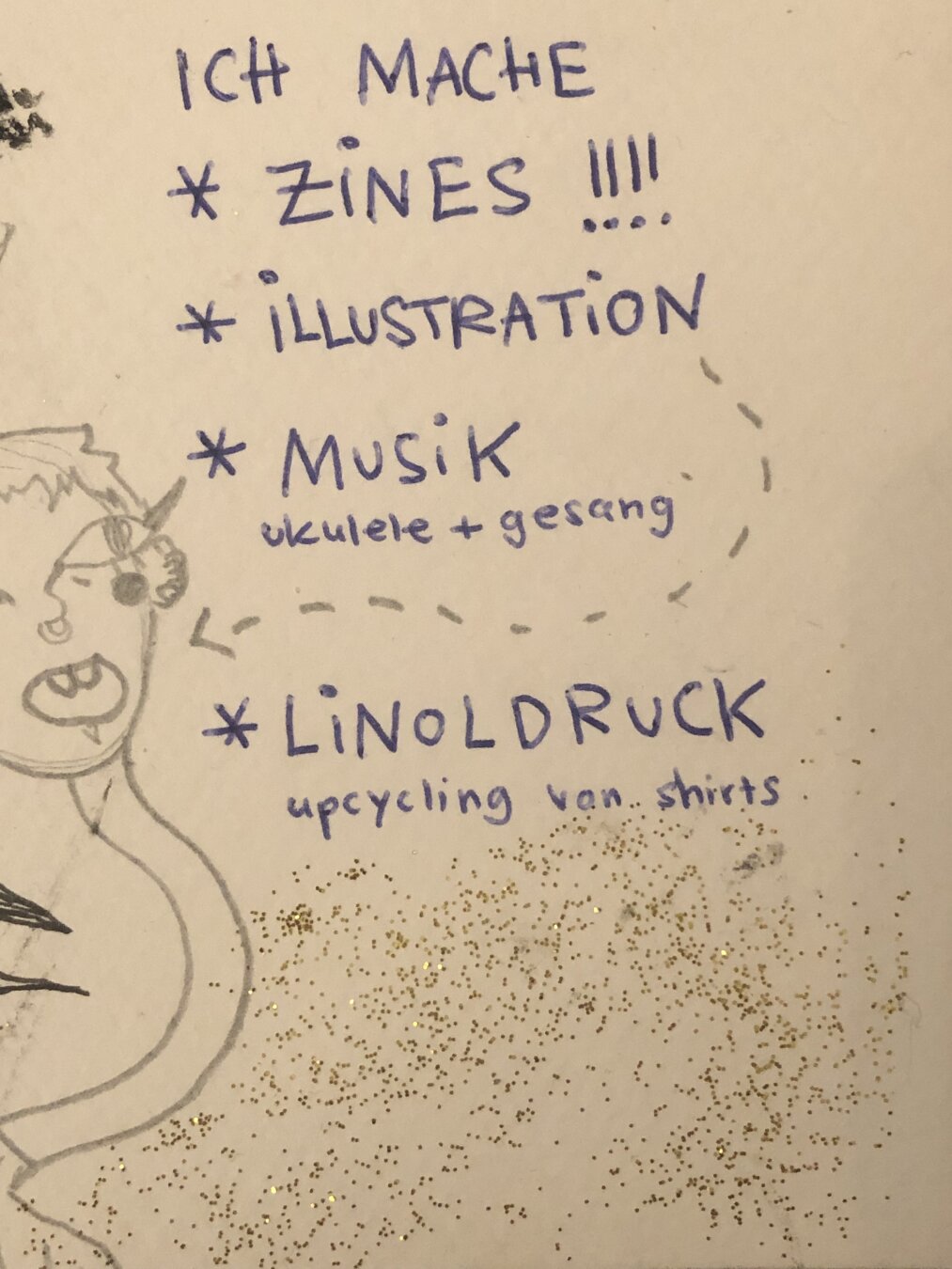 Eine Collage aus verschiedenen Elementen mit Text und einer Bleistift-Illustration, das die Künstlerin darstellt. Der Text: Was ich mache: *Zines!!!! *Illustration * Musik (Ukulele + Gesang) * Linoldruck (upcycling von shirts)
