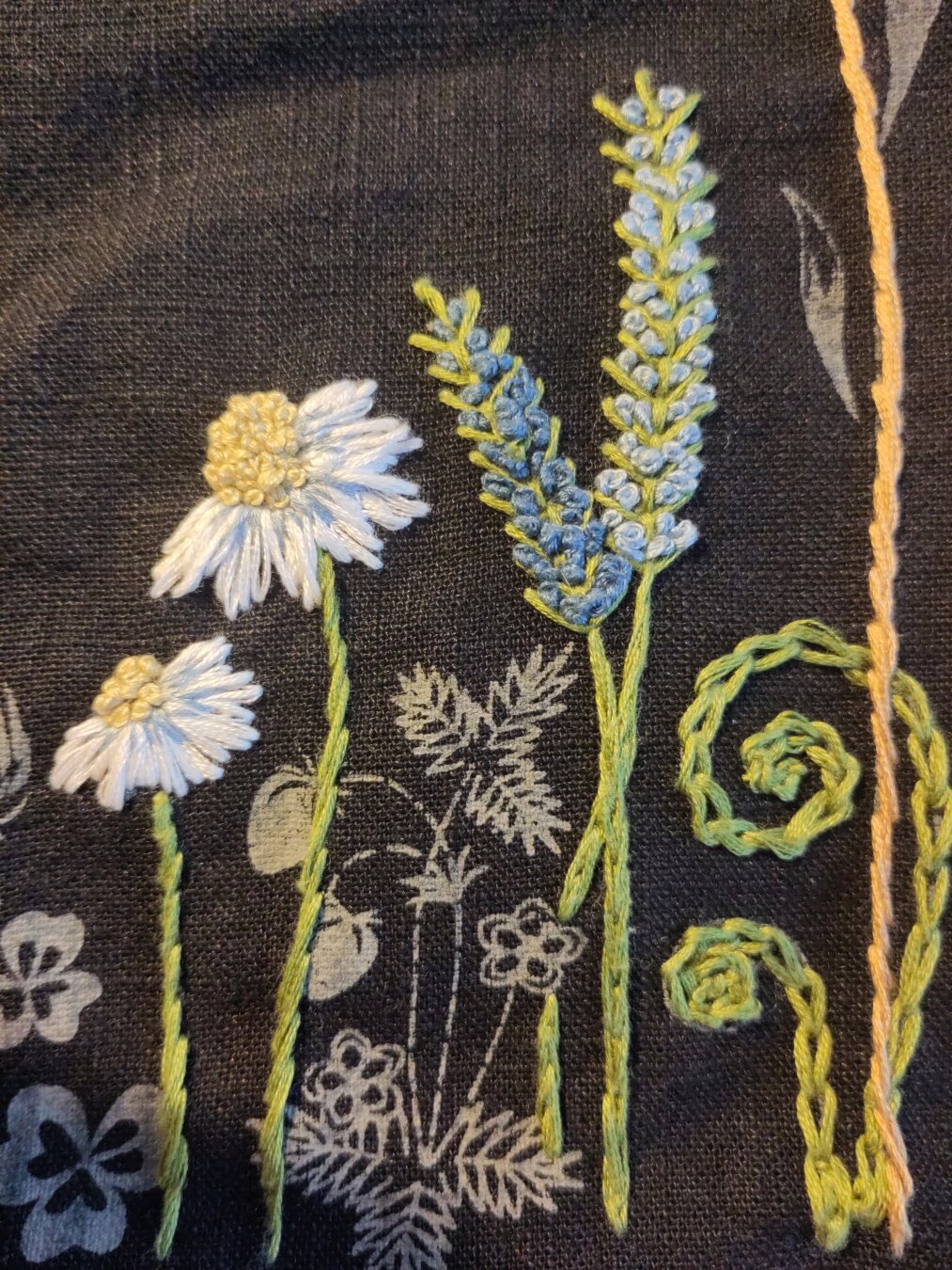 Embroidery og white daisies with a yellow heart and light blue accents and  hyacint like flowers in light and darker blur on a black background.