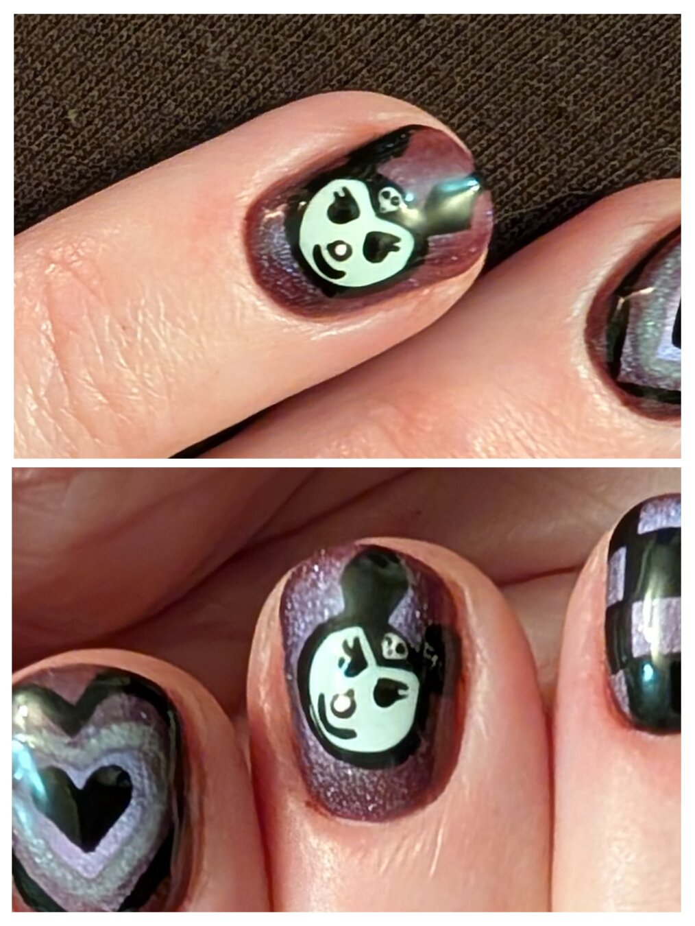 Zoom in of the Kuromi faces painted onto my purple cat's eye effect nails