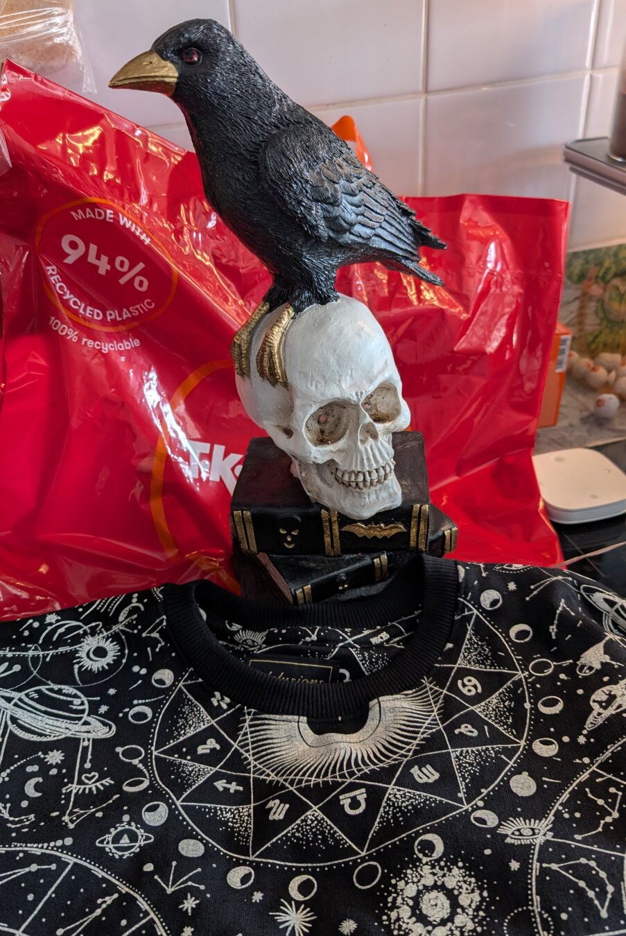 My latest purchases from TK Maxx. A resin light-up figurine of a black raven sitting on a skull, which is in turn sitting upon a stack of spell books. The figurine sits beside an astronomy -themed black sweatshirt. They all sit on a just visible tomato red TK Maxx bag.