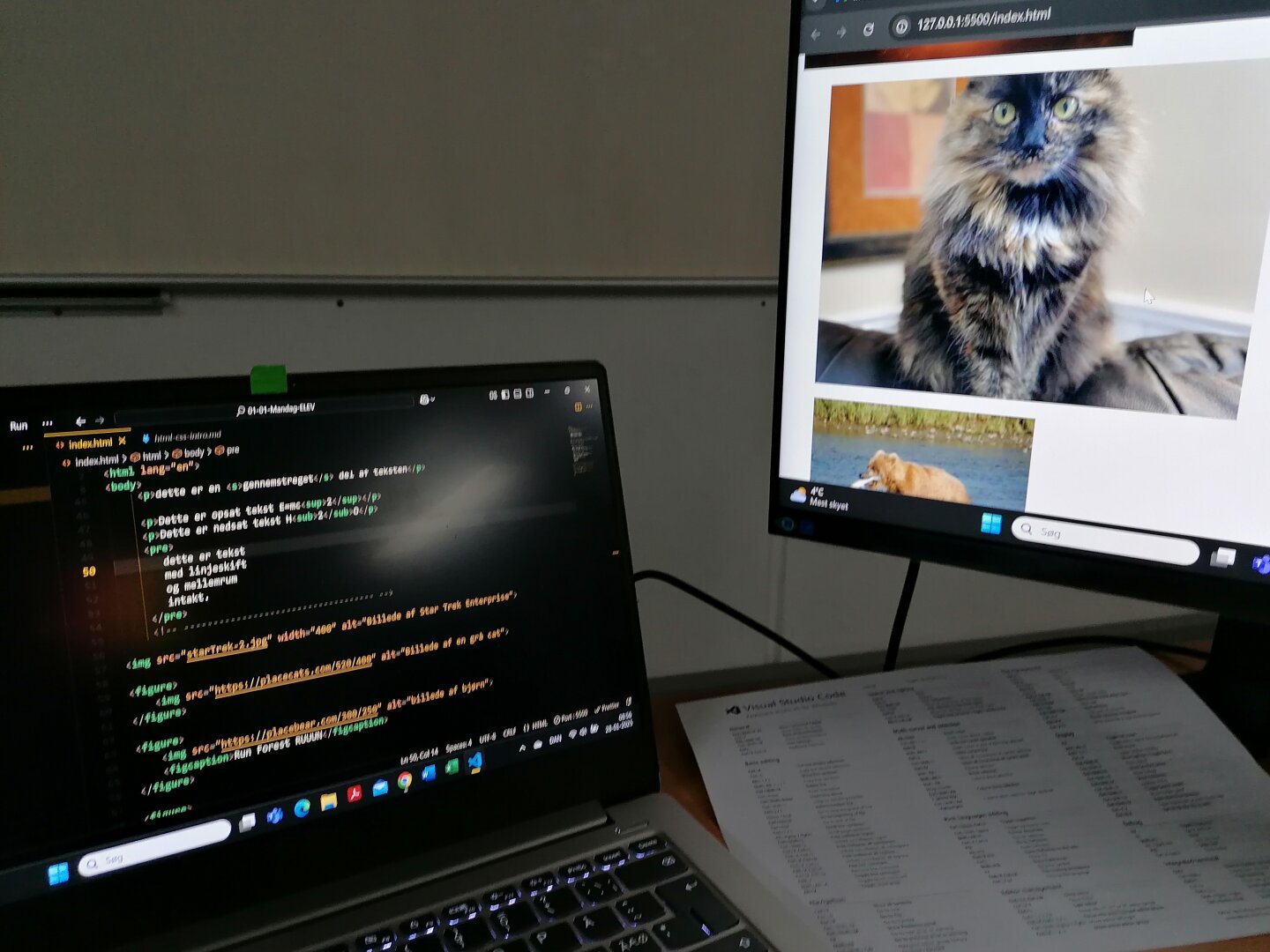 Foto af labtop med HTML-kode og en skerm der viser hvad HTML-koden gør.