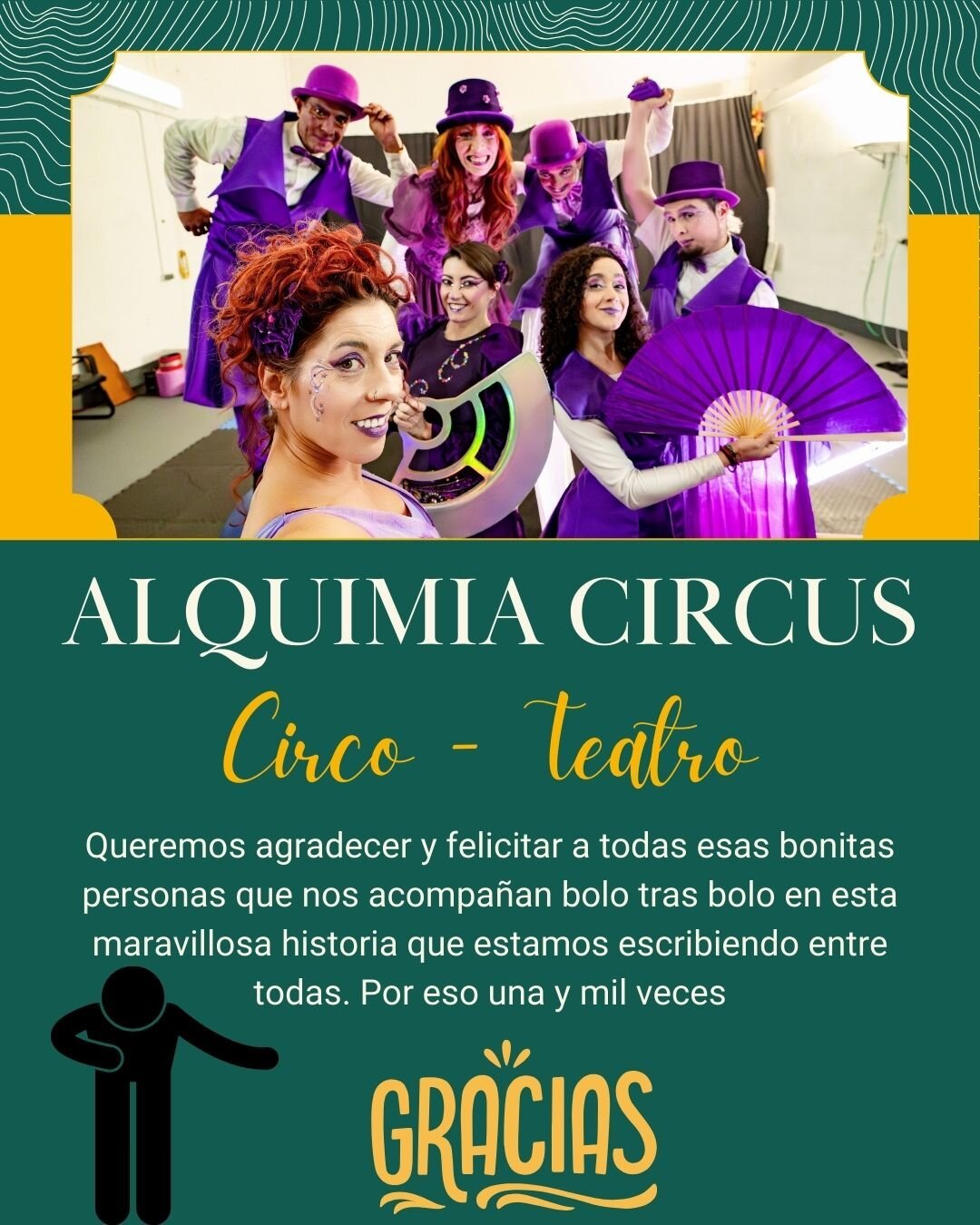 "The Alquimia Circus team dressed in vibrant purple costumes, smiling and posing together. A heartfelt message of gratitude honors those who join them show after show in their artistic journey."