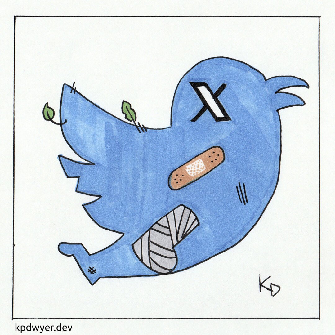 the twitter logo with X logos for eyes and a broken wing, tail and leg.