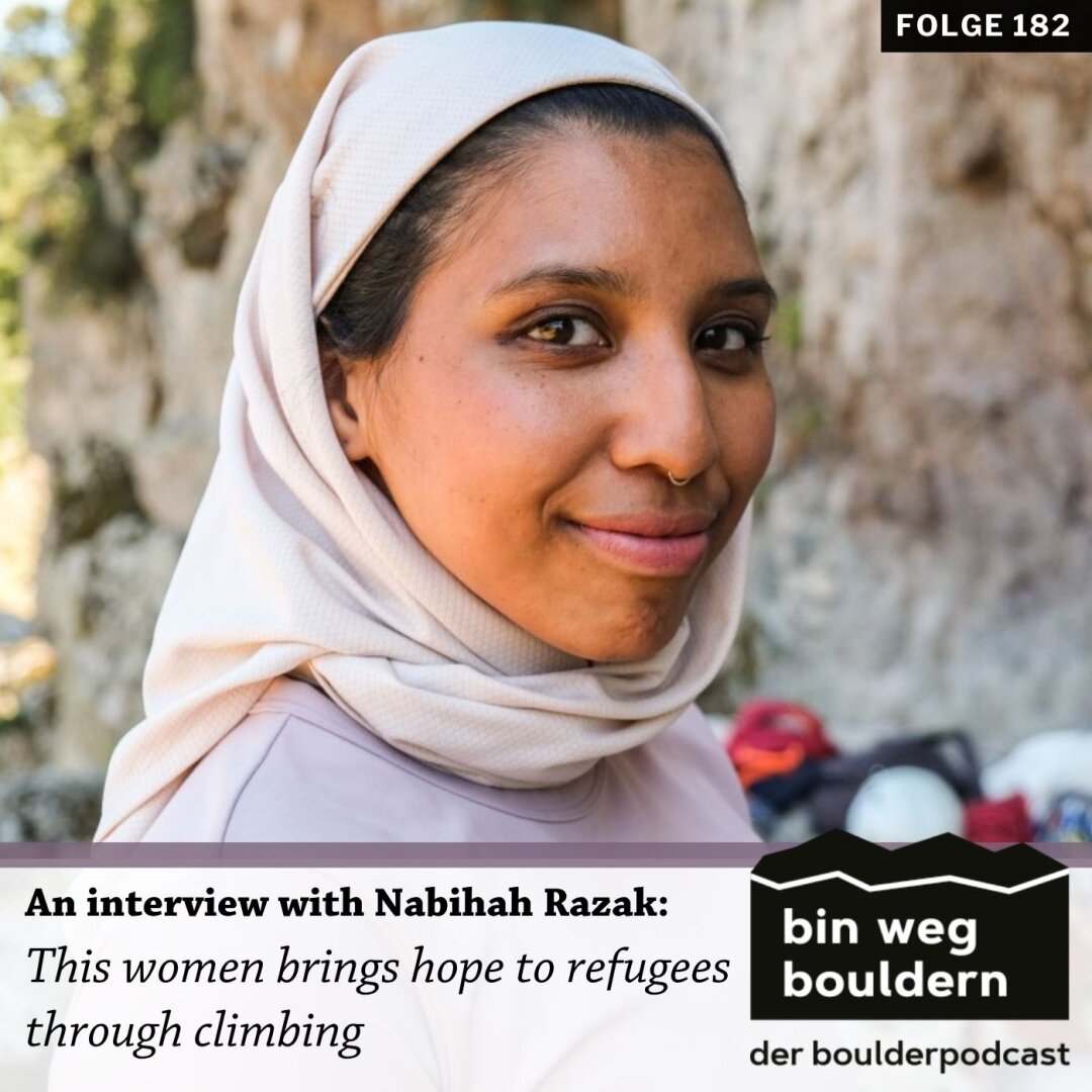 The picture shows the podcast cover of the episode "This women brings hope to refugees through climbing". We see a portrait of the interview guest Nabihah Razak in front of a rock climbing wall.