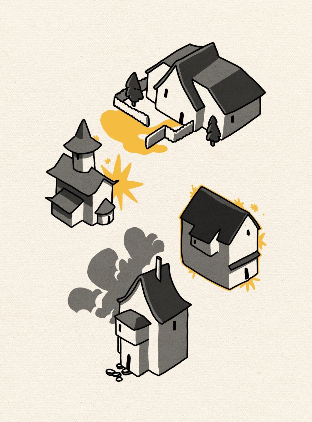 A bunch of houses. Flashs tattoos in black grey and yellow