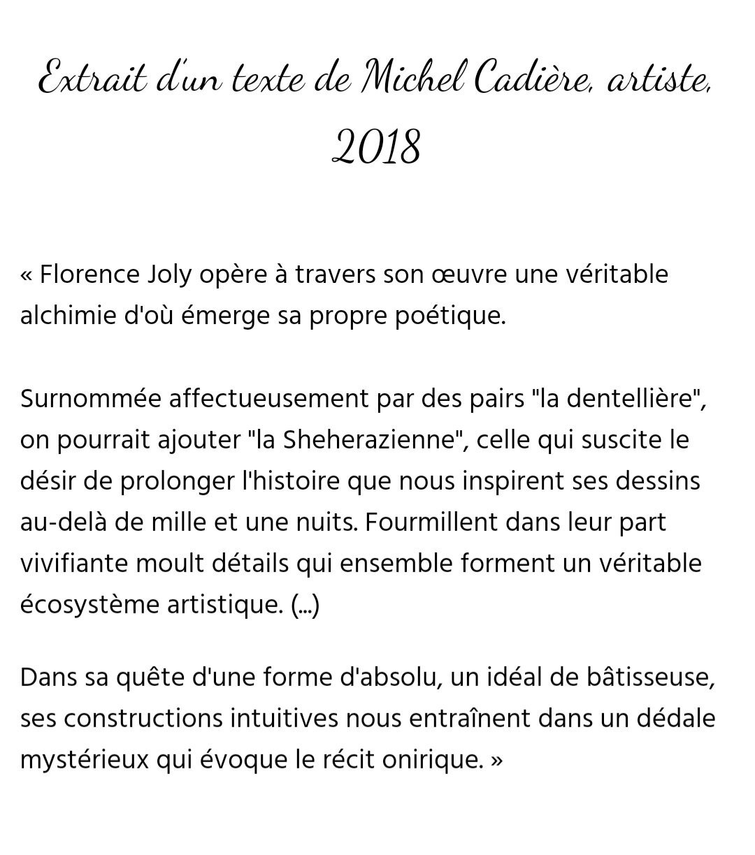 Texte de Michel Cadière pour présenter l'univers artistique de #florencejoly