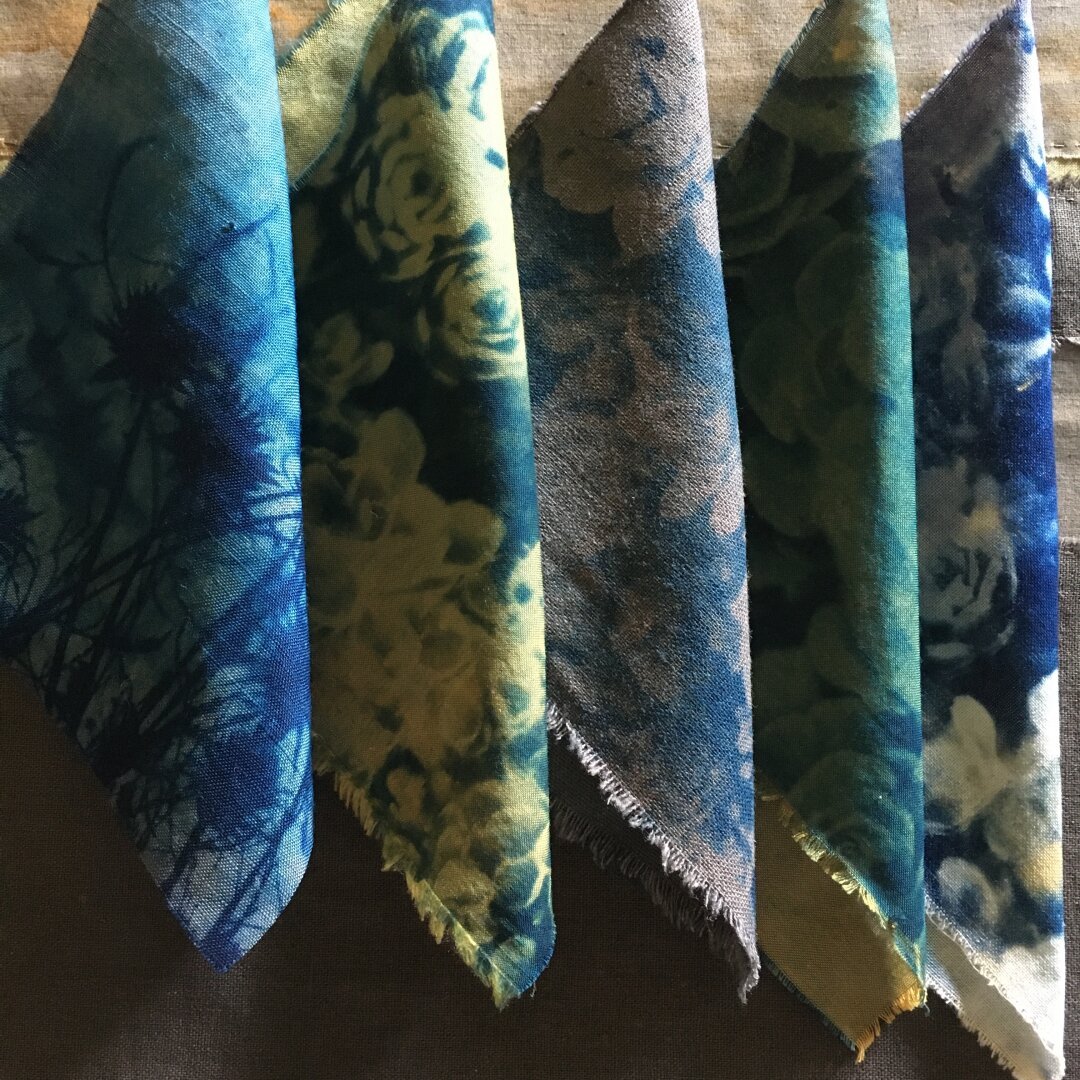 Image of fabric printed with botanical images using cyanotype process