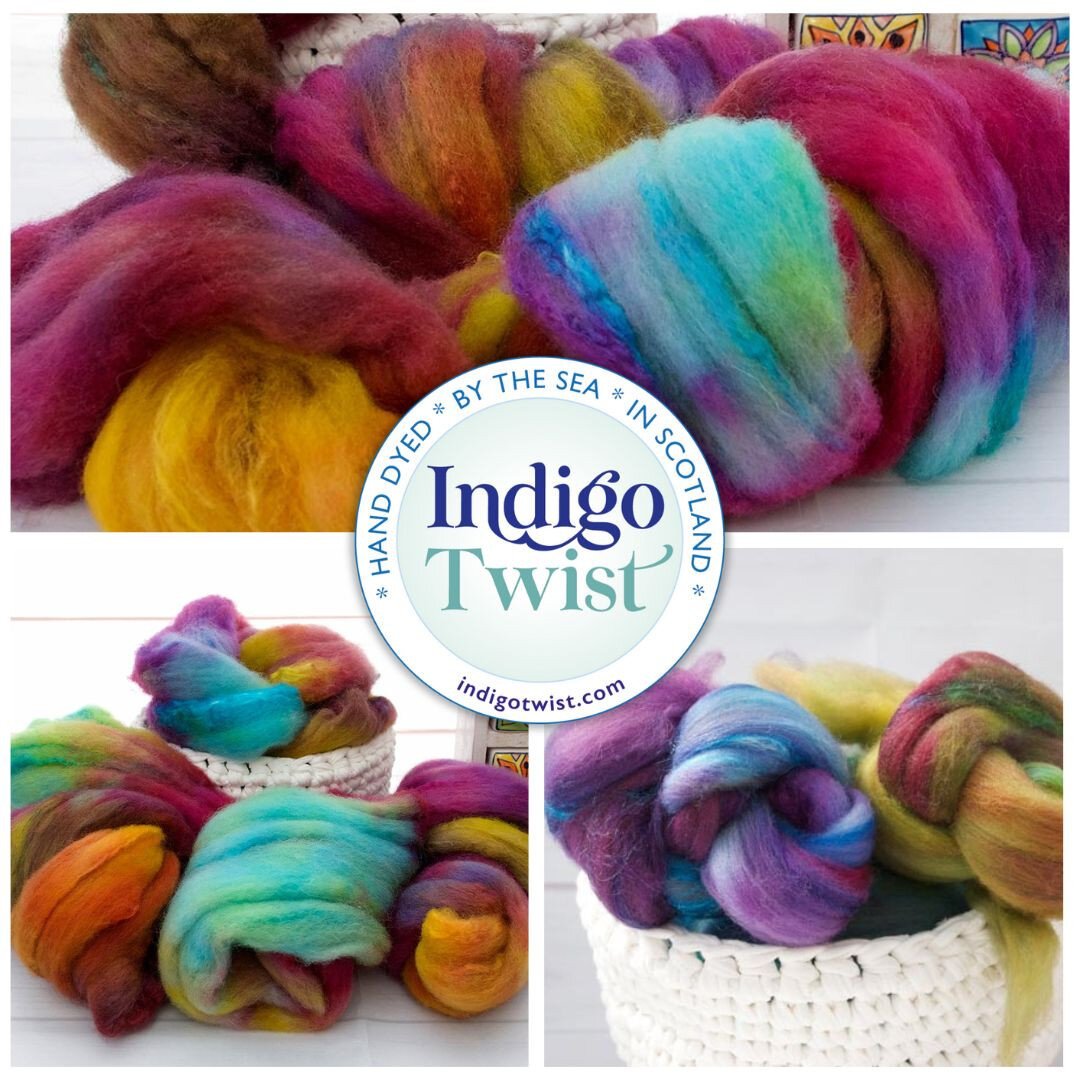 A collage of hand dyed wool/silk fibre from IndigoTwist.com