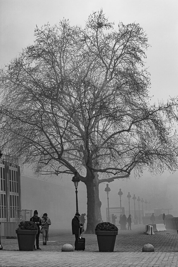 Dans le rétroviseur, Paris 2018, Scène de brouillard devant la Gare de l'Est, Scène de vie urbaine. Photographie Vincent Dufrène