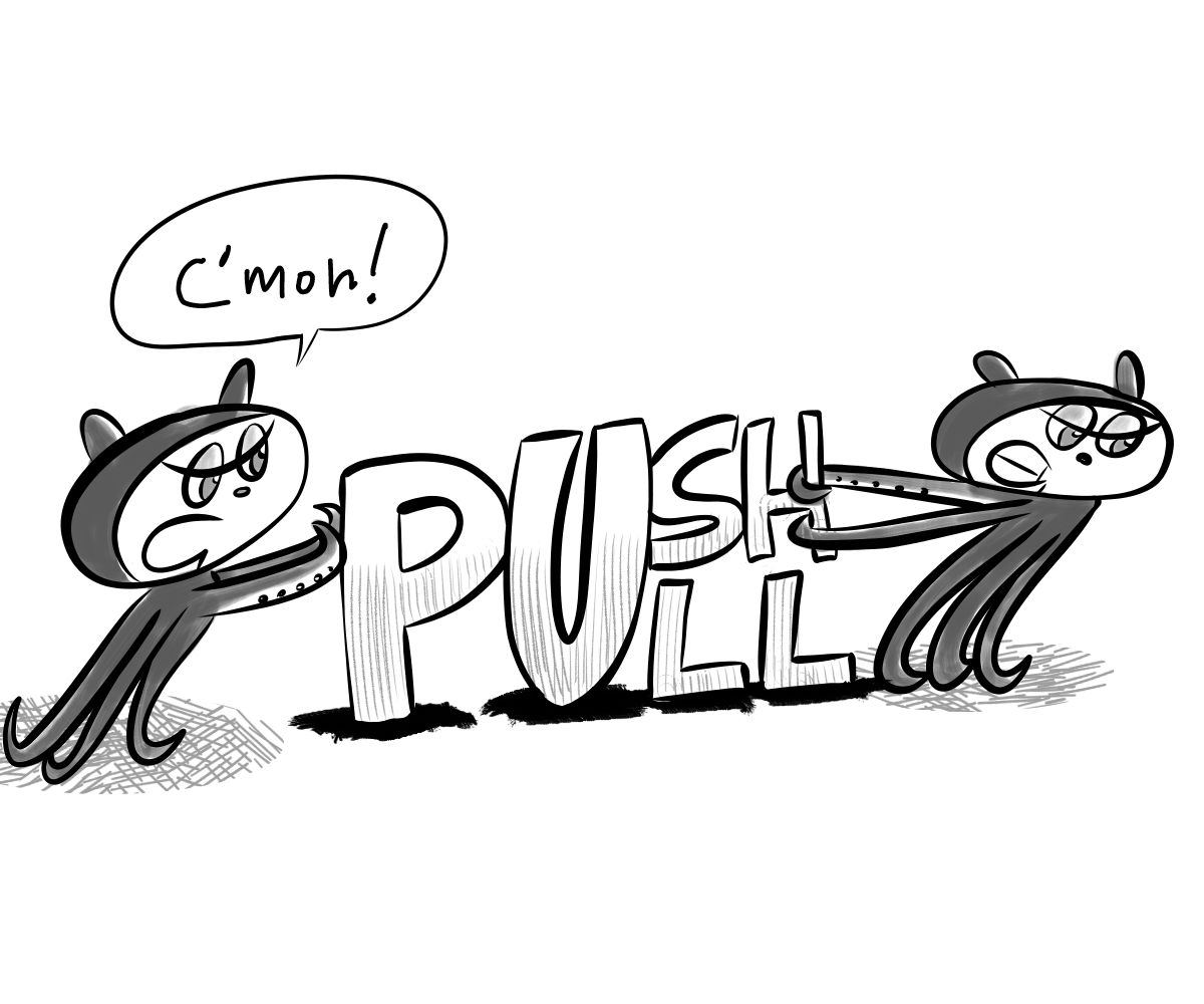 illustration of two octocats pushing and pulling words