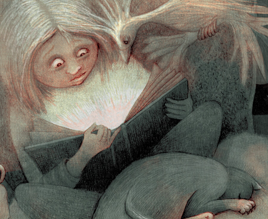 On a muted dark green watercolor wash, a detailed pencil/graphite drawing of a young girl staring avidly at an open book. She is seated in a chair and surrounded by all kinds of creatures, including a turtle, rabbit, owl, alligator, snake, fish and bird. Next to her on a small table, a cup of steaming tea and a plate of cookies. (partial image)
