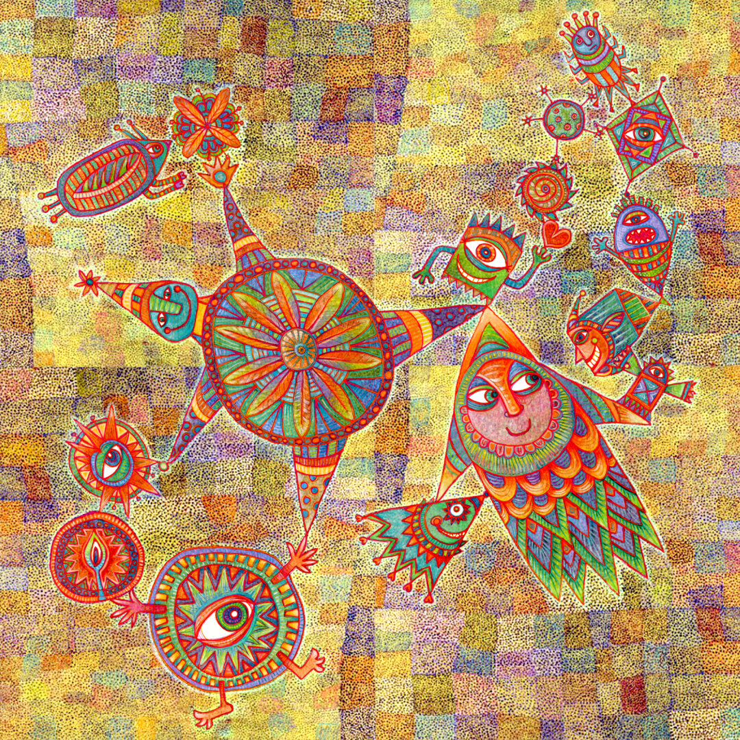 On a textured background of rainbow colors, various shaped beings float and fly with joy and happiness. (FULL image)