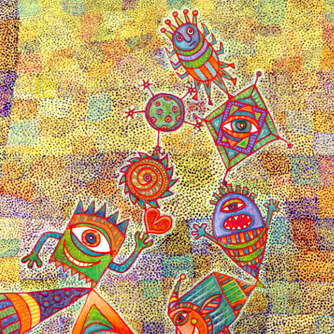On a textured background of rainbow colors, various shaped beings float and fly with joy and happiness. (partial image)