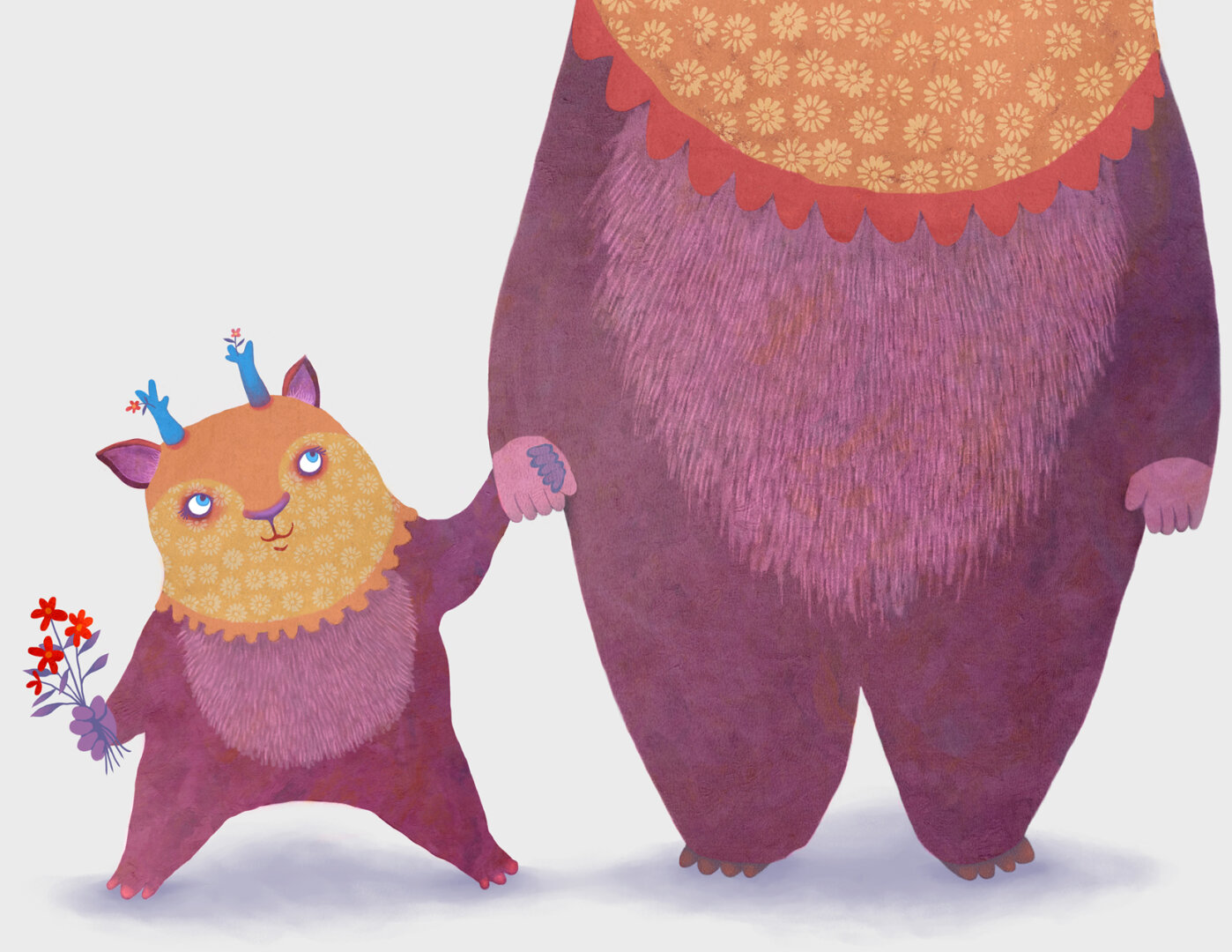 Family Comes in All Shapes, Sizes and Colors On a white background a smiling, friendly mom and toddler creature shine in their brilliant orange, purple and pink colors. Their blue horns bloom with tiny flowers. (partial image)