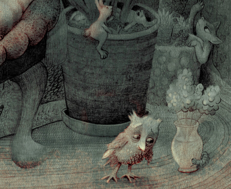 On a muted dark green watercolor wash, a detailed pencil/graphite drawing of a young girl staring avidly at an open book. She is seated in a chair and surrounded by all kinds of creatures, including a turtle, rabbit, owl, alligator, snake, fish and bird. Next to her on a small table, a cup of steaming tea and a plate of cookies. (partial image)