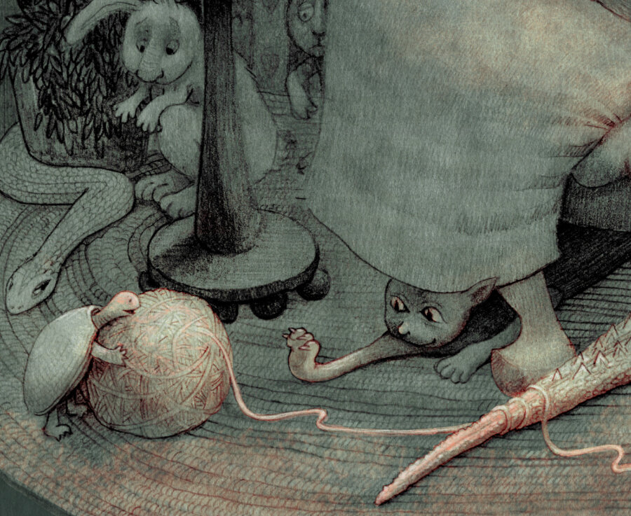 On a muted dark green watercolor wash, a detailed pencil/graphite drawing of a young girl staring avidly at an open book. She is seated in a chair and surrounded by all kinds of creatures, including a turtle, rabbit, owl, alligator, snake, fish and bird. Next to her on a small table, a cup of steaming tea and a plate of cookies. (partial image)