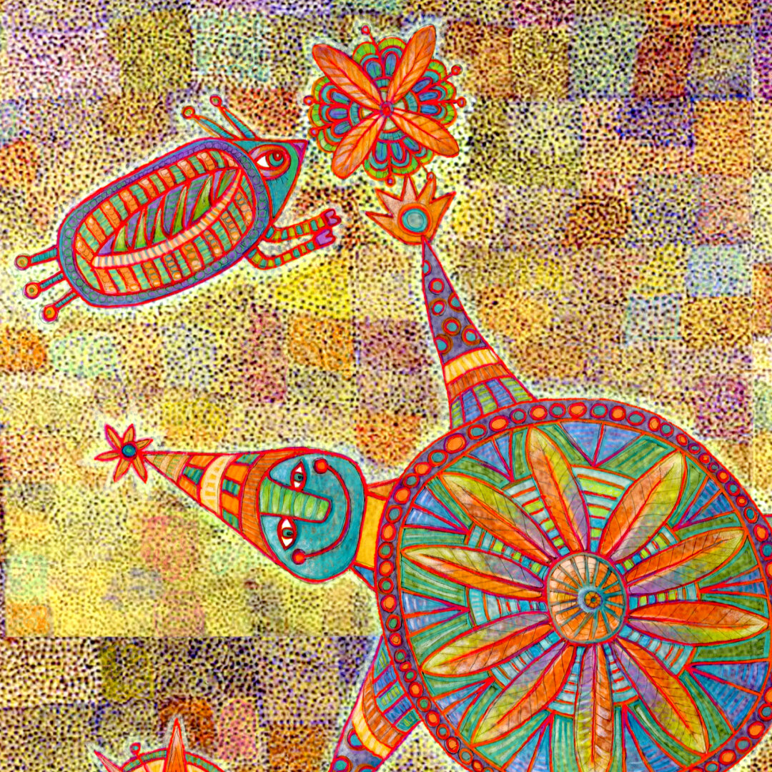 On a textured background of rainbow colors, various shaped beings float and fly with joy and happiness. (partial image)