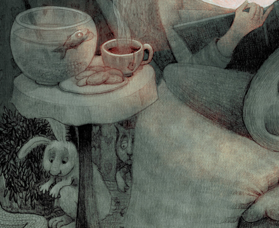 On a muted dark green watercolor wash, a detailed pencil/graphite drawing of a young girl staring avidly at an open book. She is seated in a chair and surrounded by all kinds of creatures, including a turtle, rabbit, owl, alligator, snake, fish and bird. Next to her on a small table, a cup of steaming tea and a plate of cookies. (partial image)
