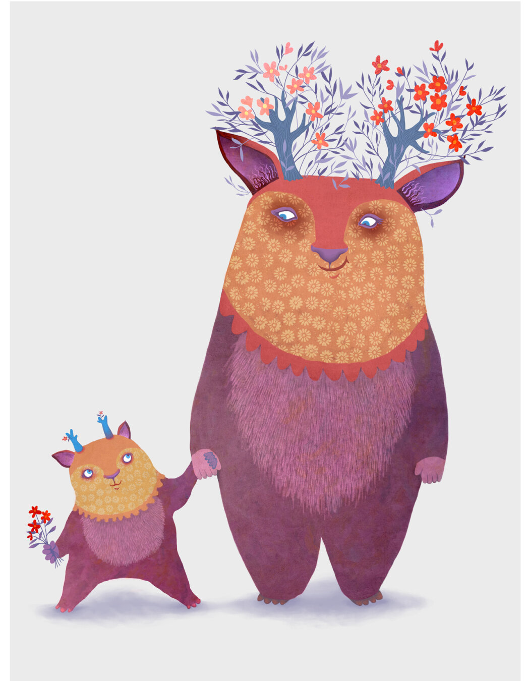 Family Comes in All Shapes, Sizes and Colors On a white background a smiling, friendly mom and toddler creature shine in their brilliant orange, purple and pink colors. Their blue horns bloom with tiny flowers. (FULL image)