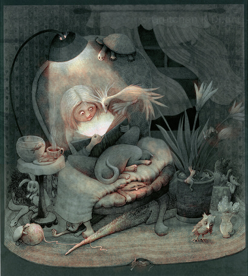 On a muted dark green watercolor wash, a detailed pencil/graphite drawing of a young girl staring avidly at an open book. She is seated in a chair and surrounded by all kinds of creatures, including a turtle, rabbit, owl, alligator, snake, fish and bird. Next to her on a small table, a cup of steaming tea and a plate of cookies. (FULL image)