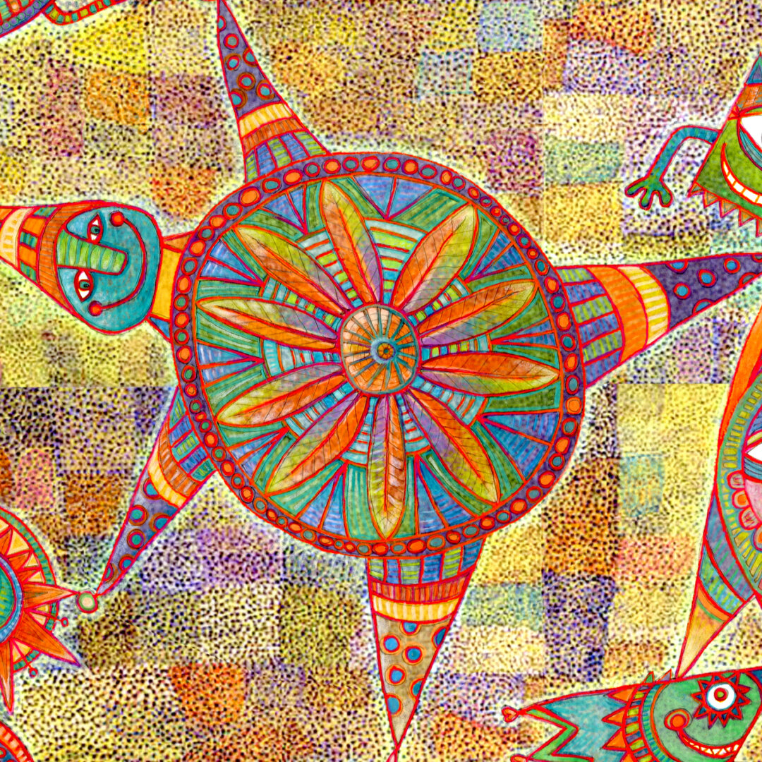 On a textured background of rainbow colors, various shaped beings float and fly with joy and happiness. (partial image)