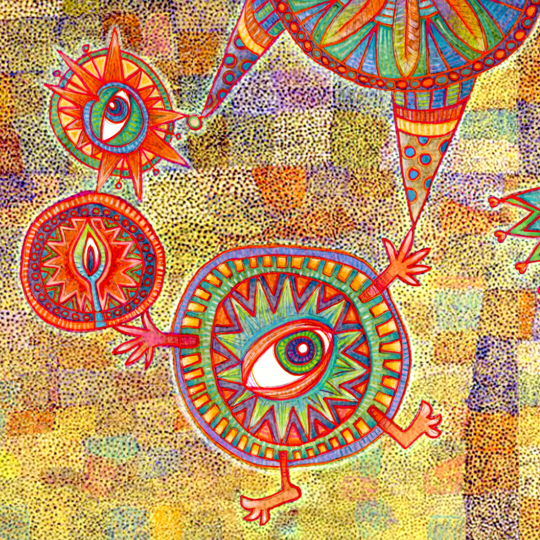 On a textured background of rainbow colors, various shaped beings float and fly with joy and happiness. (partial image)