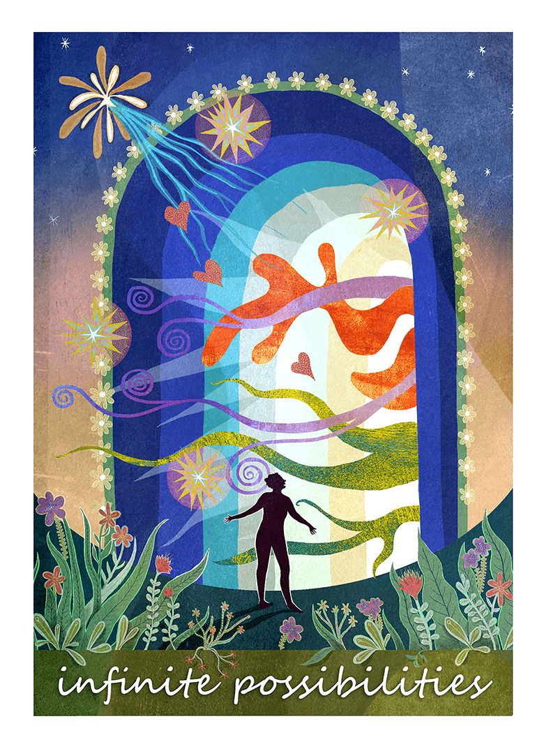 Rainbow colored background. Large archway with vibrant organic shapes and swirls, vivid hearts and starbursts flying out. Before the arch, stands a silhouette of a female form. In the foreground flowering plants and leaves bloom. NOTE: This description created especially for my lovely blind friend, Georgiana. :-)