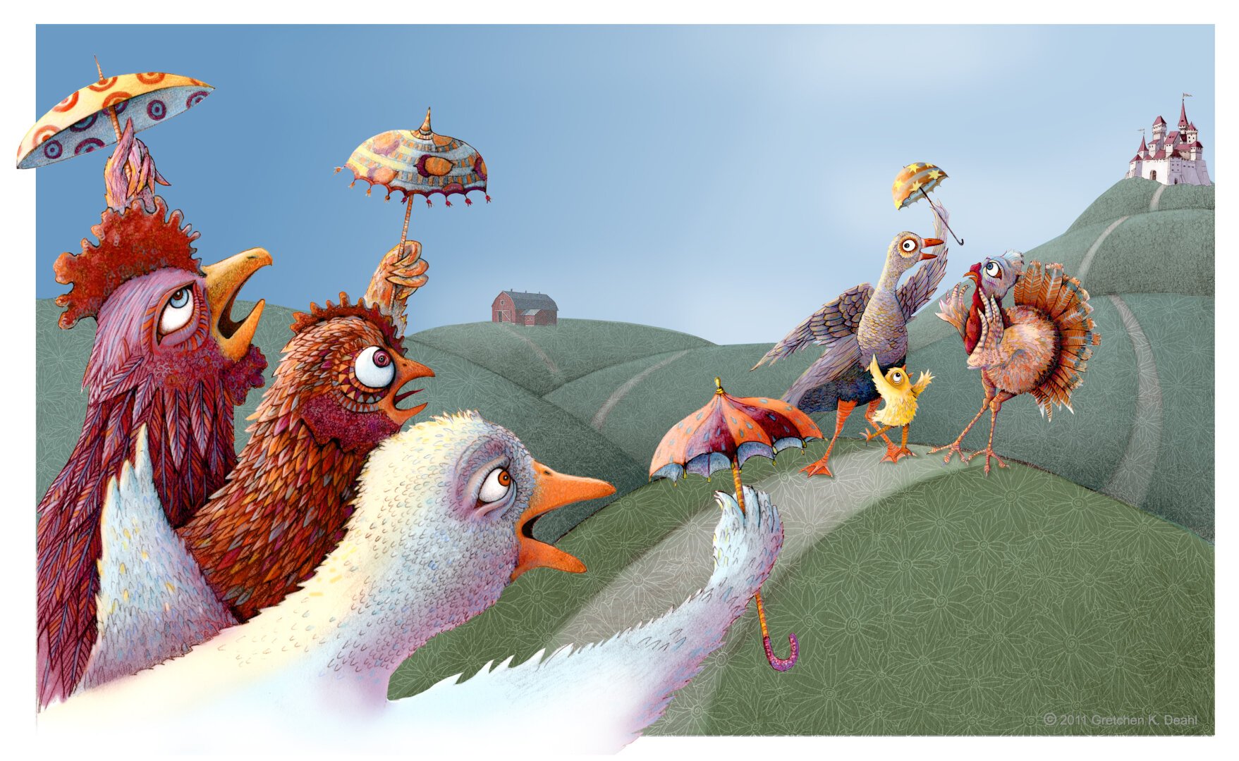 Colorful drawing illustrating a passage in the classic story, "Chicken Little". It depicts on the left 3 distressed fowl: a rooster, chicken and duck. They are holding tiny umbrellas and staring down the road at a little yellow chick, desperately telling goose and turkey about the sky falling down and the inevitable end of the world. NOTE: This description created especially for my lovely blind friend, Georgiana. :-)