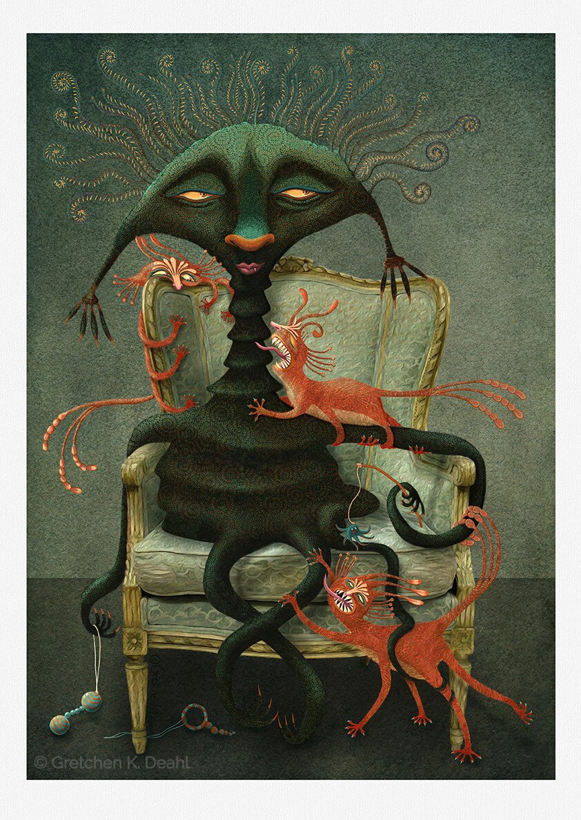 Gorgeous Monsters and Their Pets
Meet Ms. Premivarria of the Chewston tribe & her Screaming Meemees: Alto, Basil and Suprema.

A rather stern creature, deep green in color and patterned in intricate and interlocking swirls, relaxes upon an ornate upholstered chair. She gazes languidly into the distance, while her three six-legged felines of vivid orange mewl for attention. One clawed tentacle dangles a toy playfully for her pets. NOTE: This description is created especially for my lovely blind friend, Georgiana. :-)