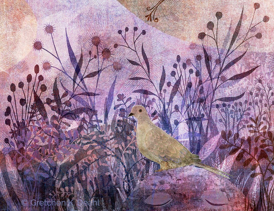 into the garden - peace of mind
This is the fourth in a series of paintings that illuminate the transformative beauty of the natural world. To visually express how total immersion into wild spaces can create a profound sense of peace; restore wonder; and generate calm in an increasingly chaotic world.

Against a background of swirling pinks and purples, silhouettes of abundant flowering plant life blooms. In the foreground, perched on a peaceful, abstract face, a pale taupe mourning dove rests. NOTE: This description created especially for my lovely blind friend, Georgiana. :-)