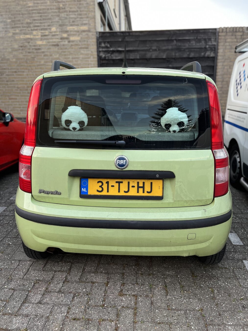Fiat Panda with two fur pandas