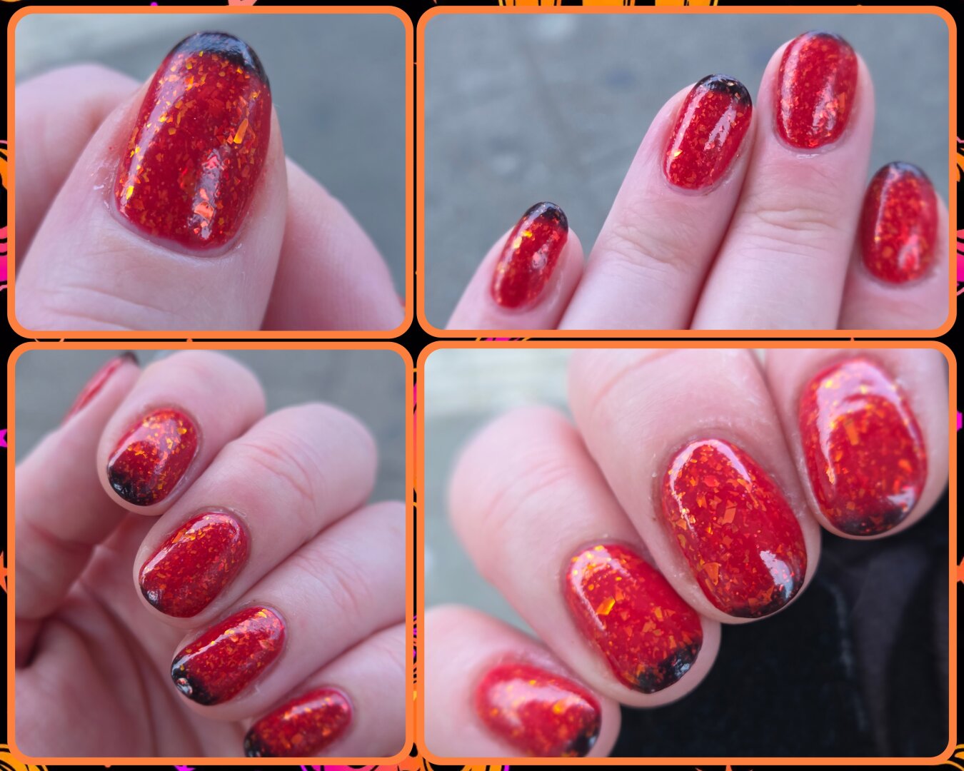 nails painted with a red to black thermal polish (Holo Taco's Simply Deceased)