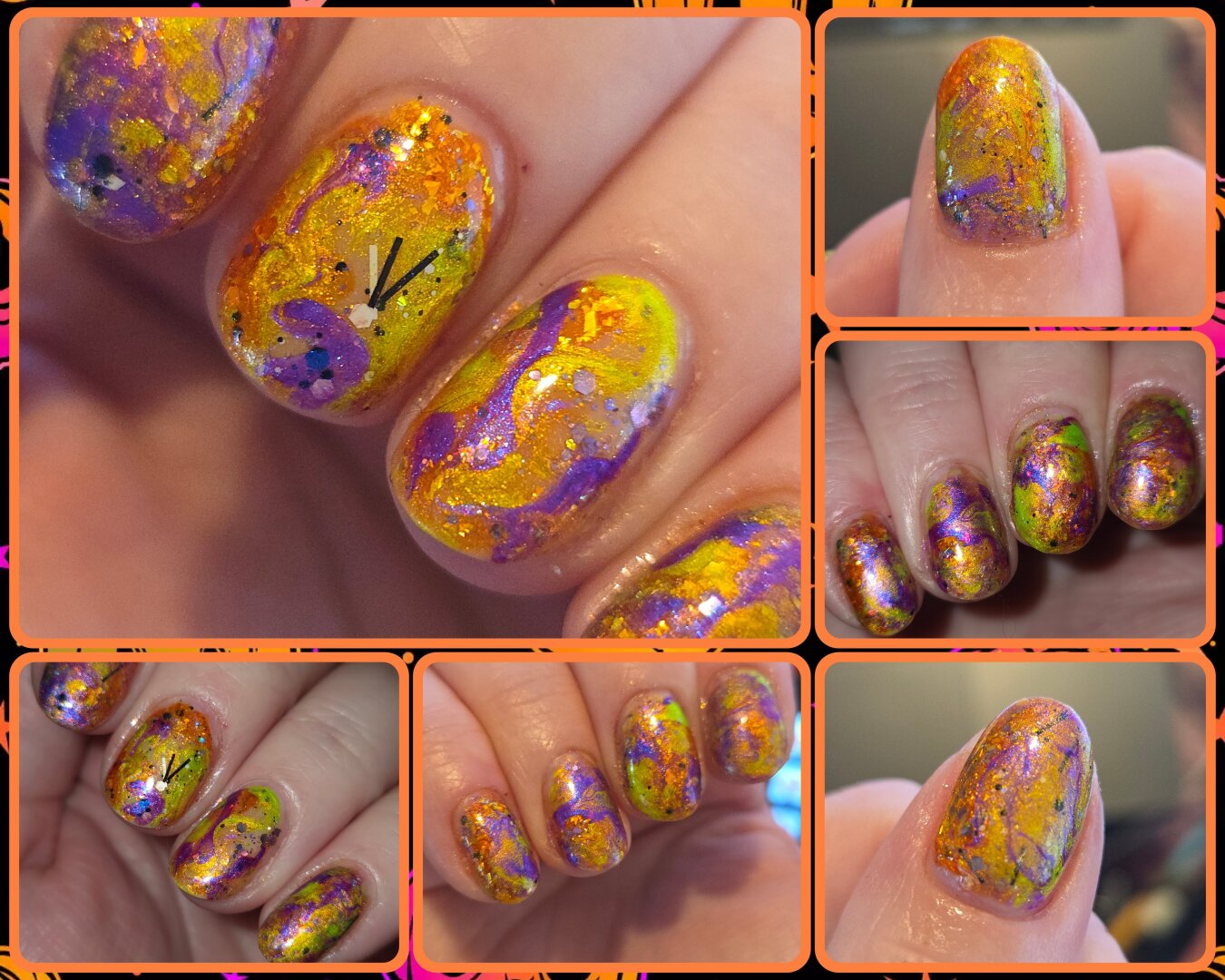 nails painted with orange, green, purple shimmery swirls and white/black/purple glitters
