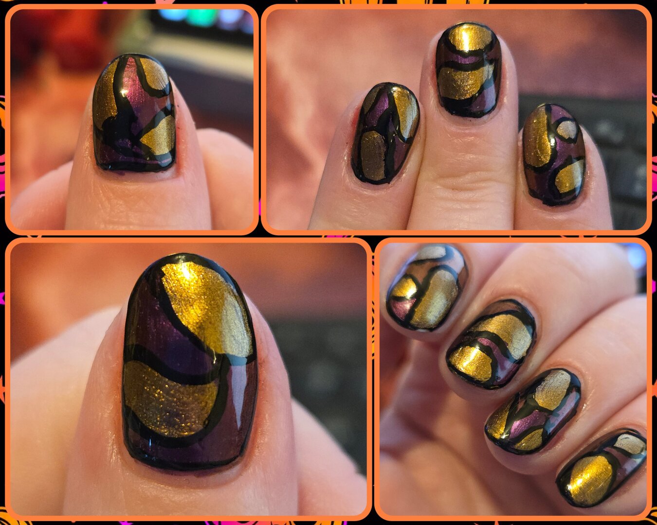 nails painted with a red and gold chrome effect in stained glass patterns with black lines
