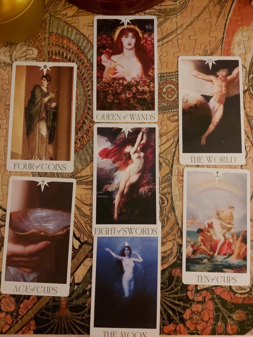 7 tarot cards, the cards are made of classical paintings