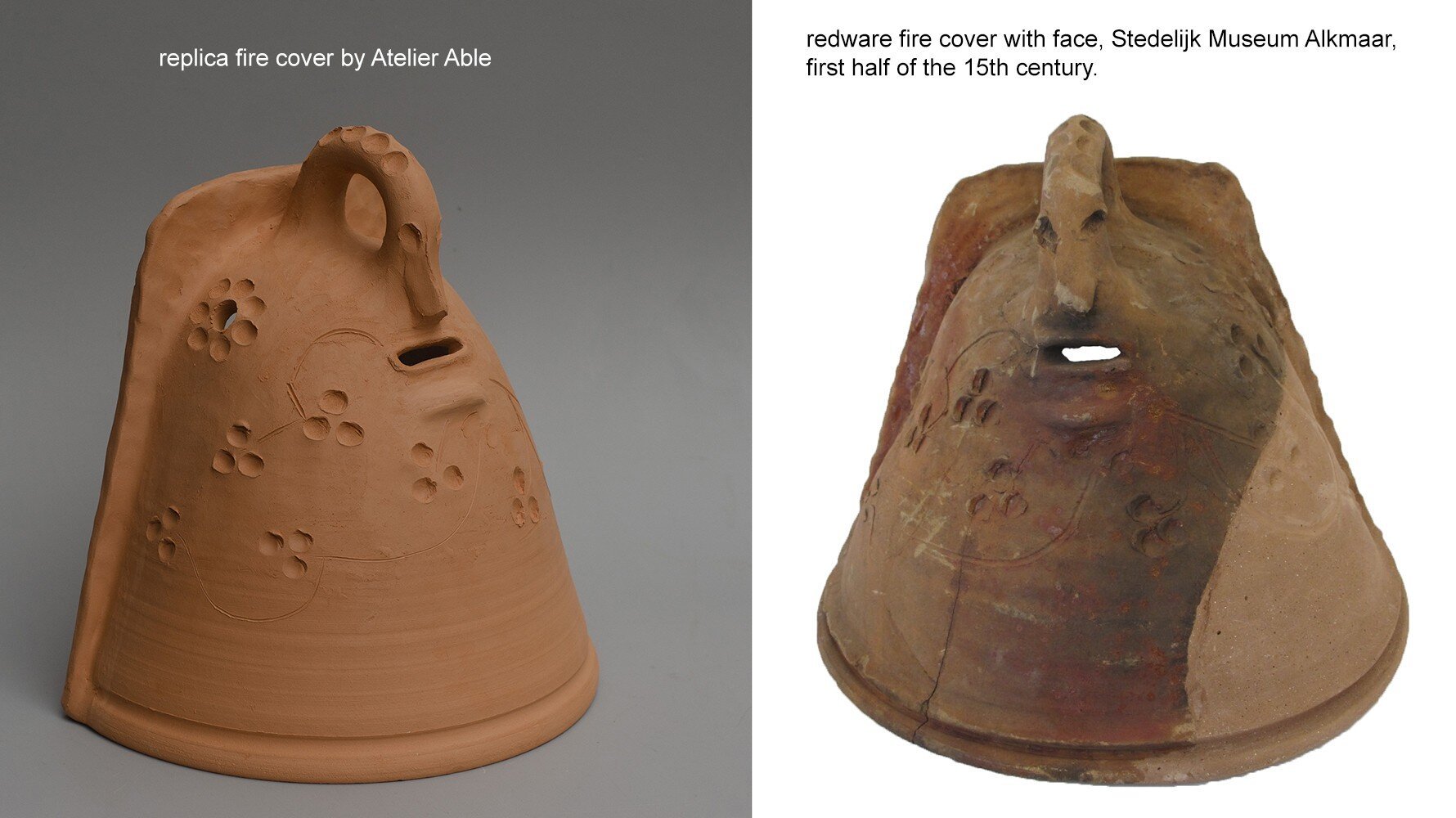 Two pictures next to eachother. In both you see a dome shaped earthenware thing with a handle on top and just below that a crude sculpted face. The mouth is also an opening in the wall of the pot. The left dome looks new, the right one old and restored.