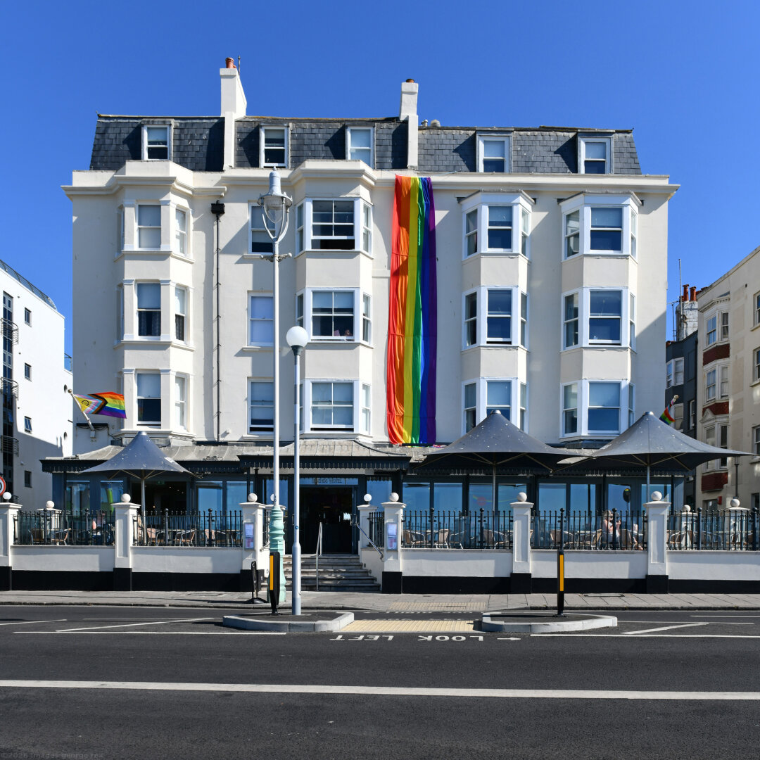 Photo of a hotel on Marine Parade, once known as the New Europe. Became Legends hotel, nightclub and bar in 1993, although there was a change of ownership in 2022.  Four storeys plus Mansard attic and basement, presumed Victorian. City of Brighton & Hove.