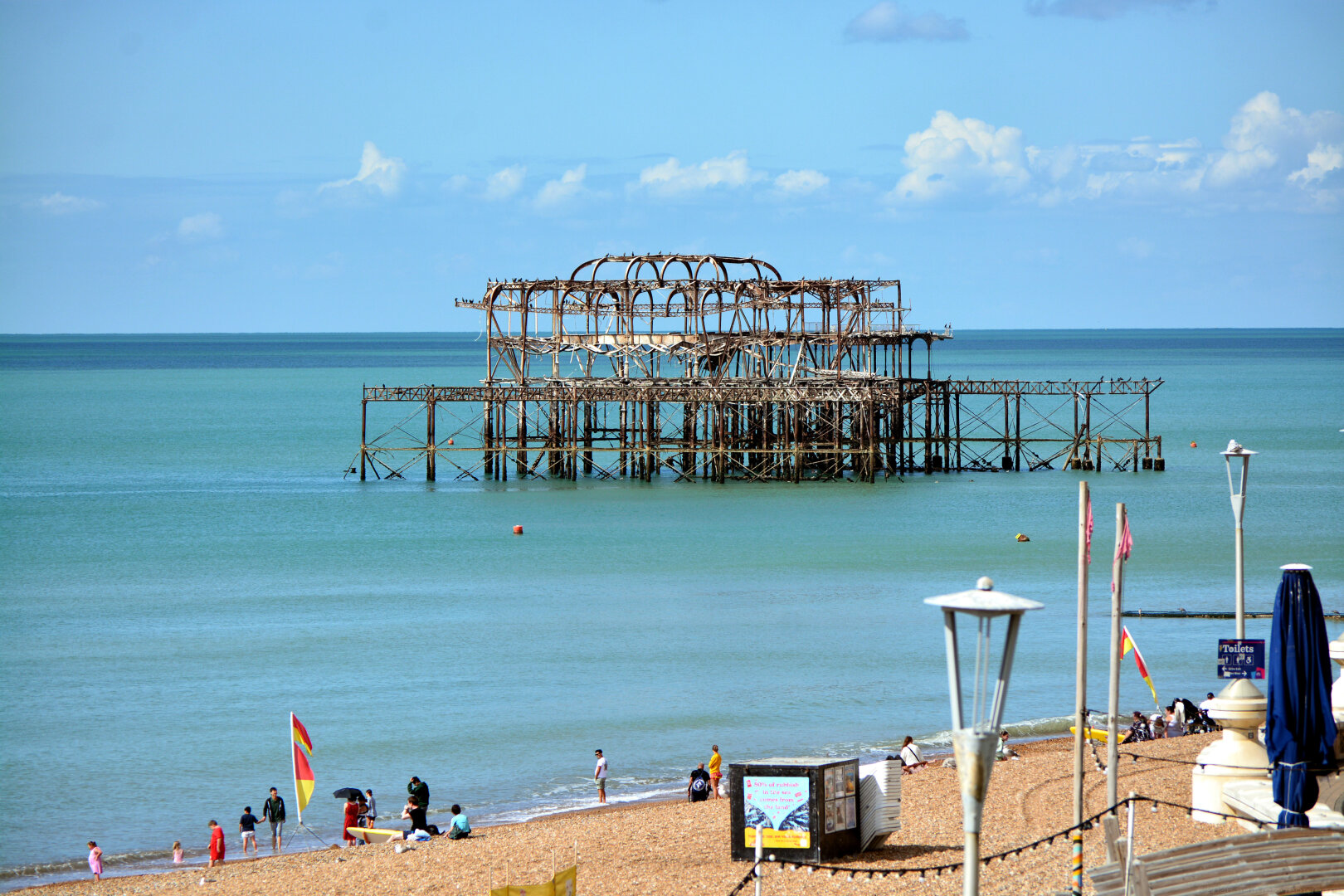 Photo of the remains of the Victorian pleasure pier designed by Eugenius Birch, 1866. City of Brighton & Hove, Sussex, UK.