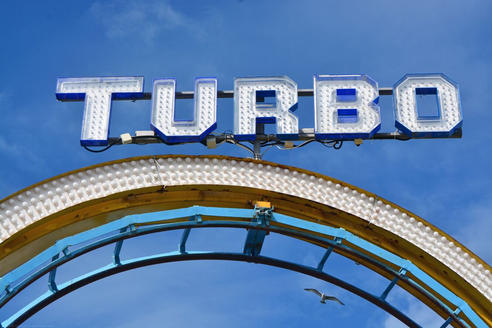 Photo of a detail of the Turbo fairground ride at the end of the Palace Pier, Brighton.