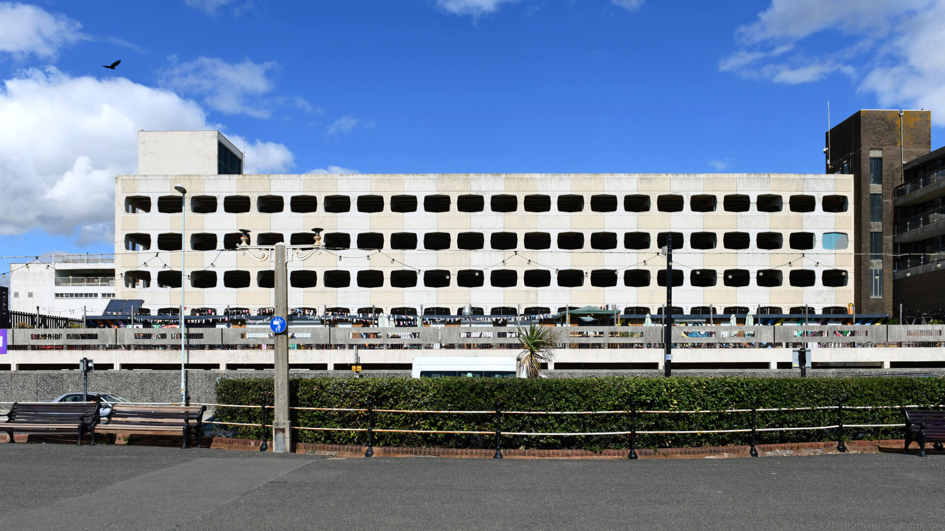 Photo of a 1960s multi-storey car park now closed due to safety concerns about the high-alumina cement beams supporting the floors. "The site is listed in our local plan as being suitable for redevelopment to create around 150 homes and some form of commercial use" says the local authority. Augusta Place, Worthing, Sussex, UK.