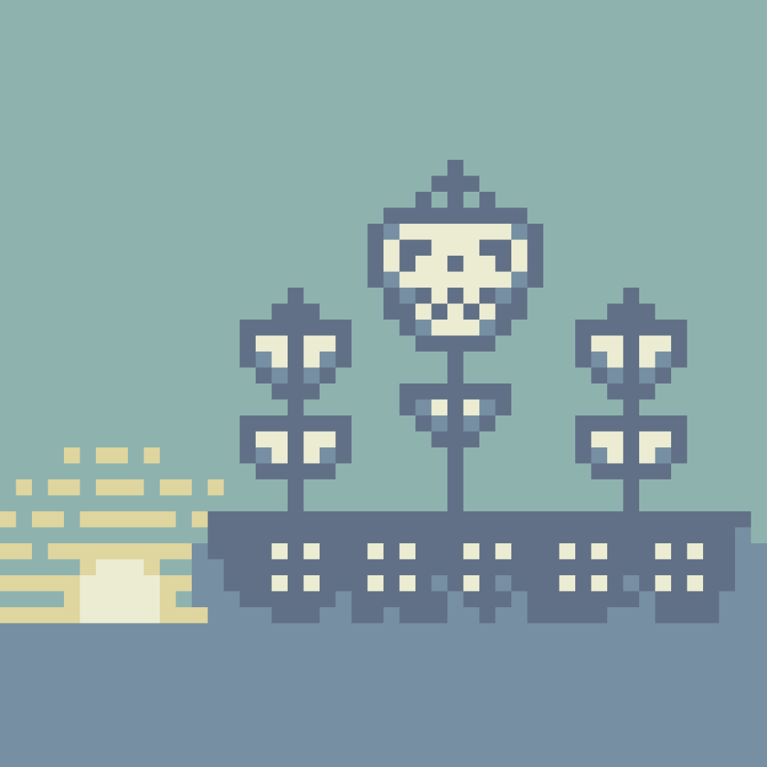 A pirate ship with the sunset behind it