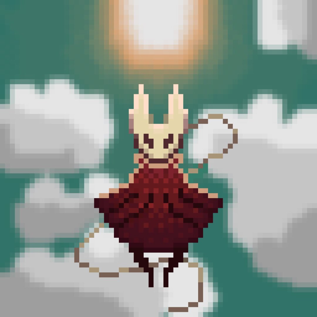 Hornet from hollow knight in the sky with the sun and some clouds as background