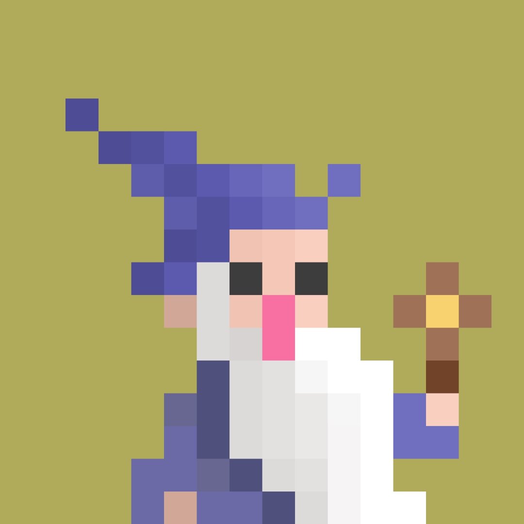 A stereotypical wizard with his blue pointy hat, blue cloak and a staff on a green background